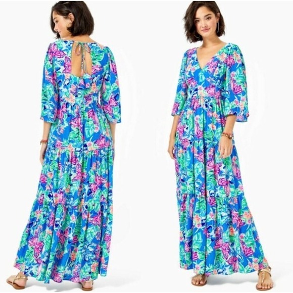 Lilly Pulitzer Dresses & Skirts - Lilly Pulitzer Rease Maxi Dress Butterfly Floral Print V Neck Tie Back Size 8